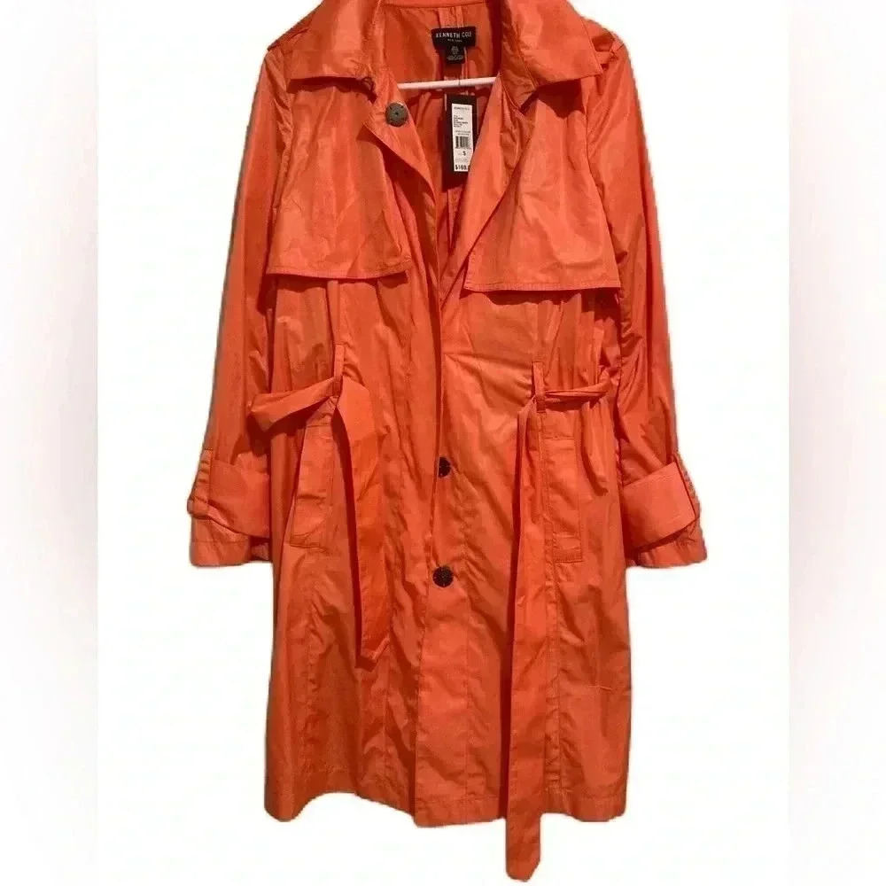 New Kenneth Cole New York Women’s Orange Raincoat with Belt Sz. Small NWT - Picture 3 of 13